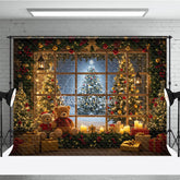 Aperturee - Aperturee Cozy Christmas Window Photography Backdrop Teddy Bears and Trees with a Snowy View Holiday Photo Background